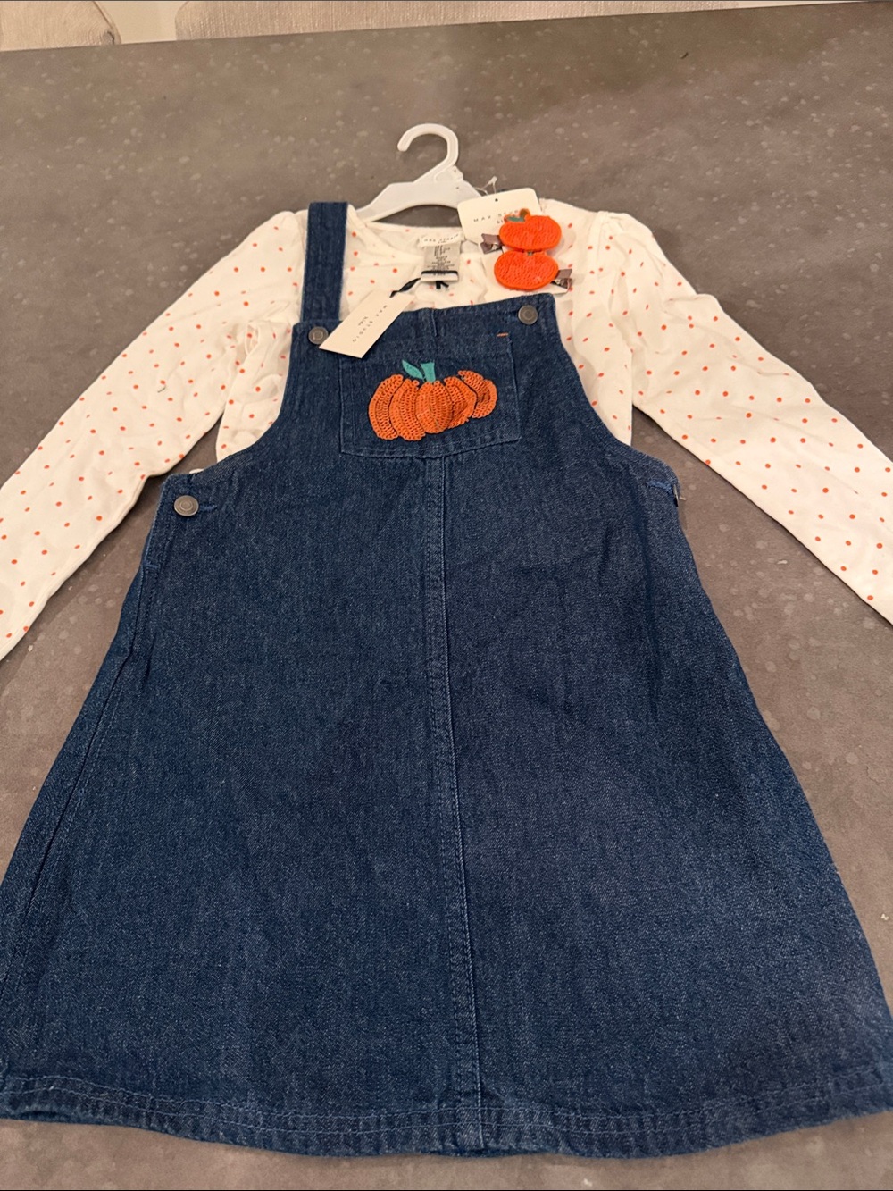 Girls' Navy Denim Pumpkin Overall Dress with White Polka Dot Top